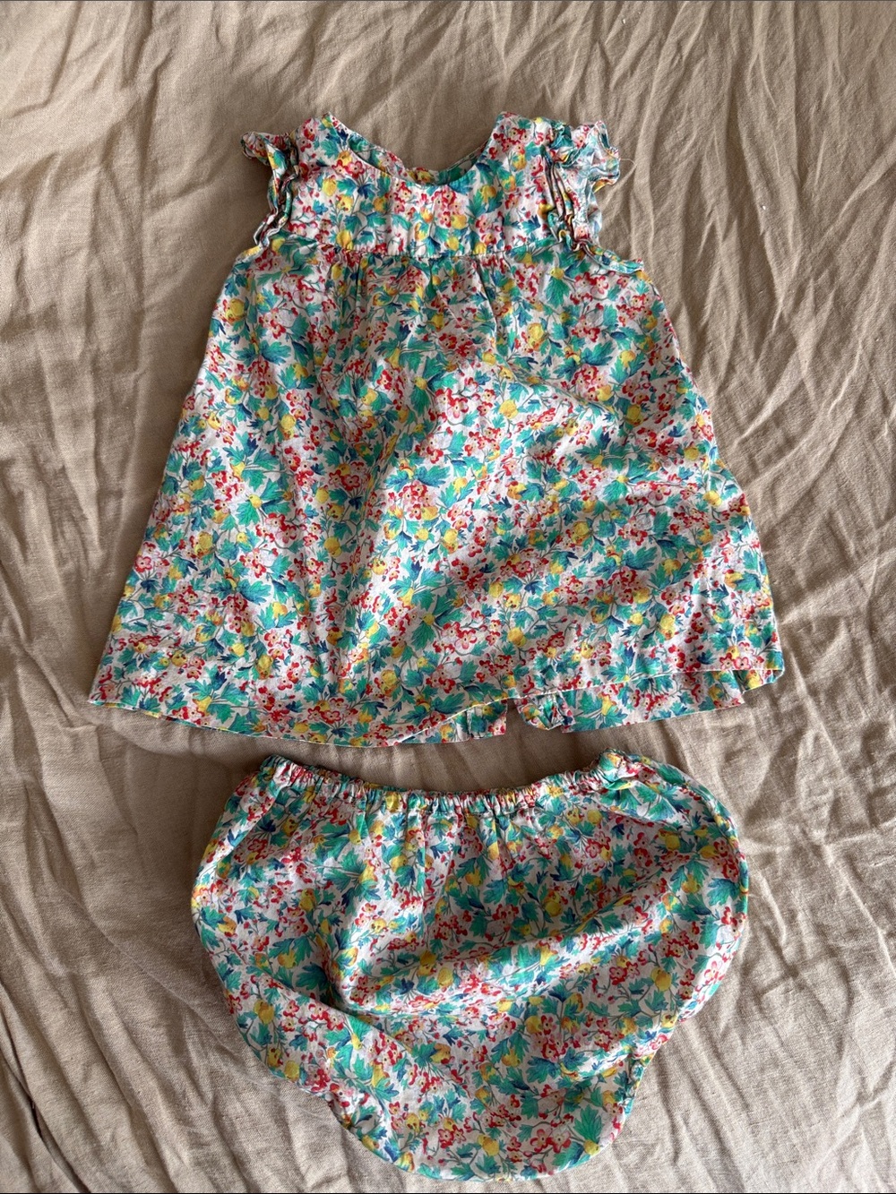 Bonpoint Floral Cotton Dress & Diaper Cover - Blue, Pink, Yellow 6 M